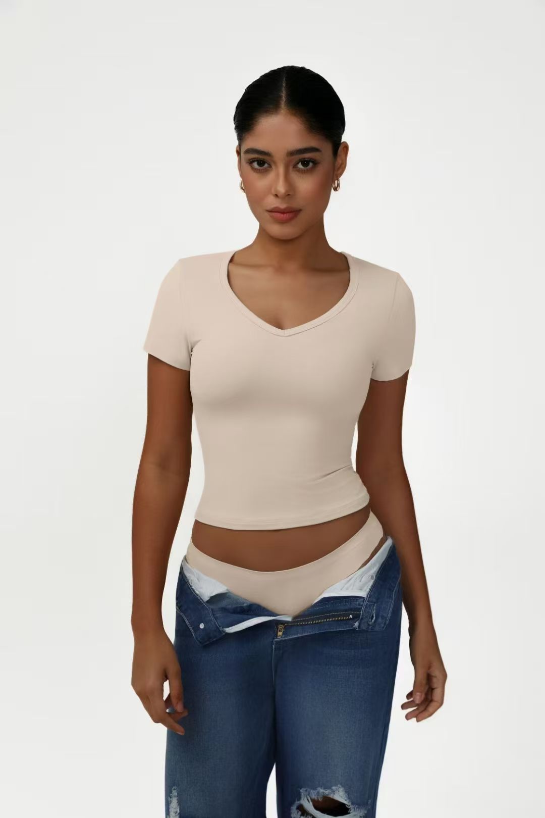 Beige V-neck Crop Tee ready-to-ship activewear style