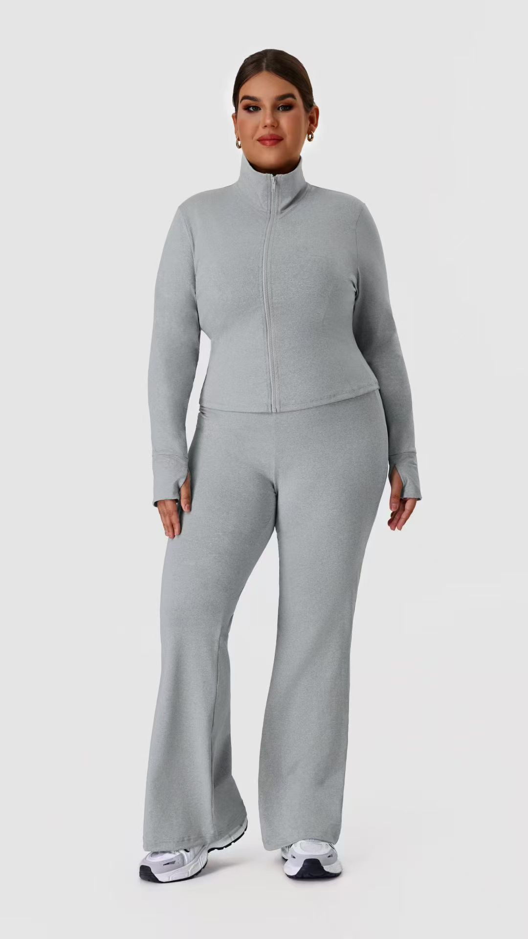 Plus-size Grey Zip Flare Set ready-to-ship activewear style