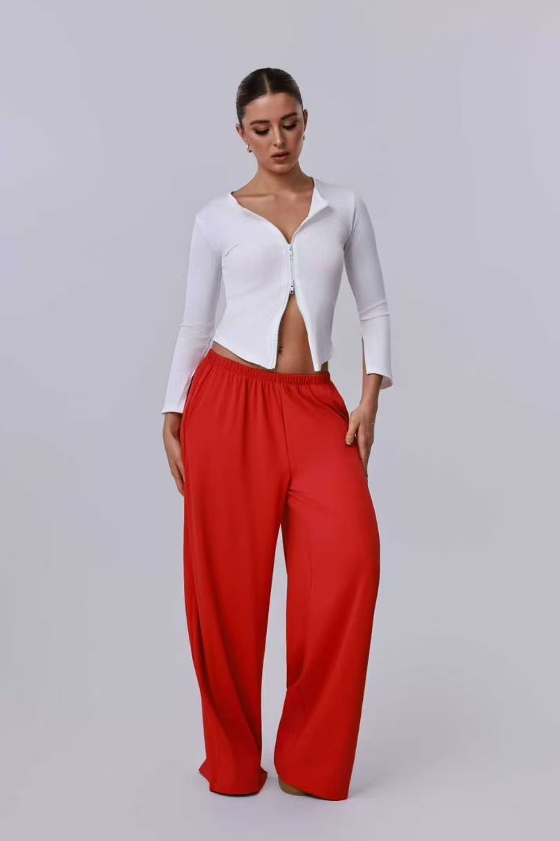 White Zip Top Red Wide-leg Set ready-to-ship activewear style